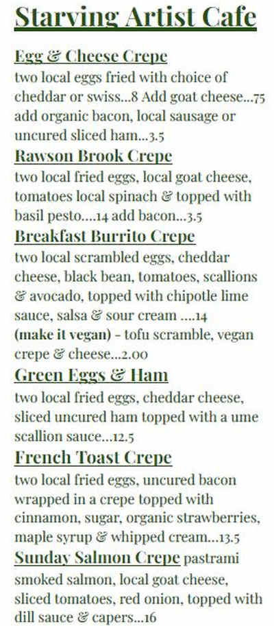 Starving Artist Creperie & Cafe menu page 1