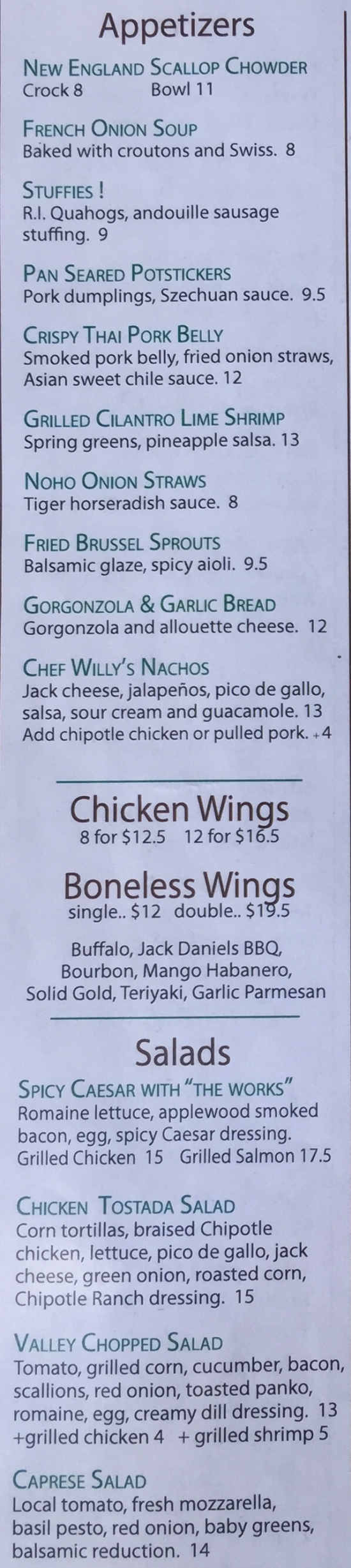Fitzwilly's menu page 1