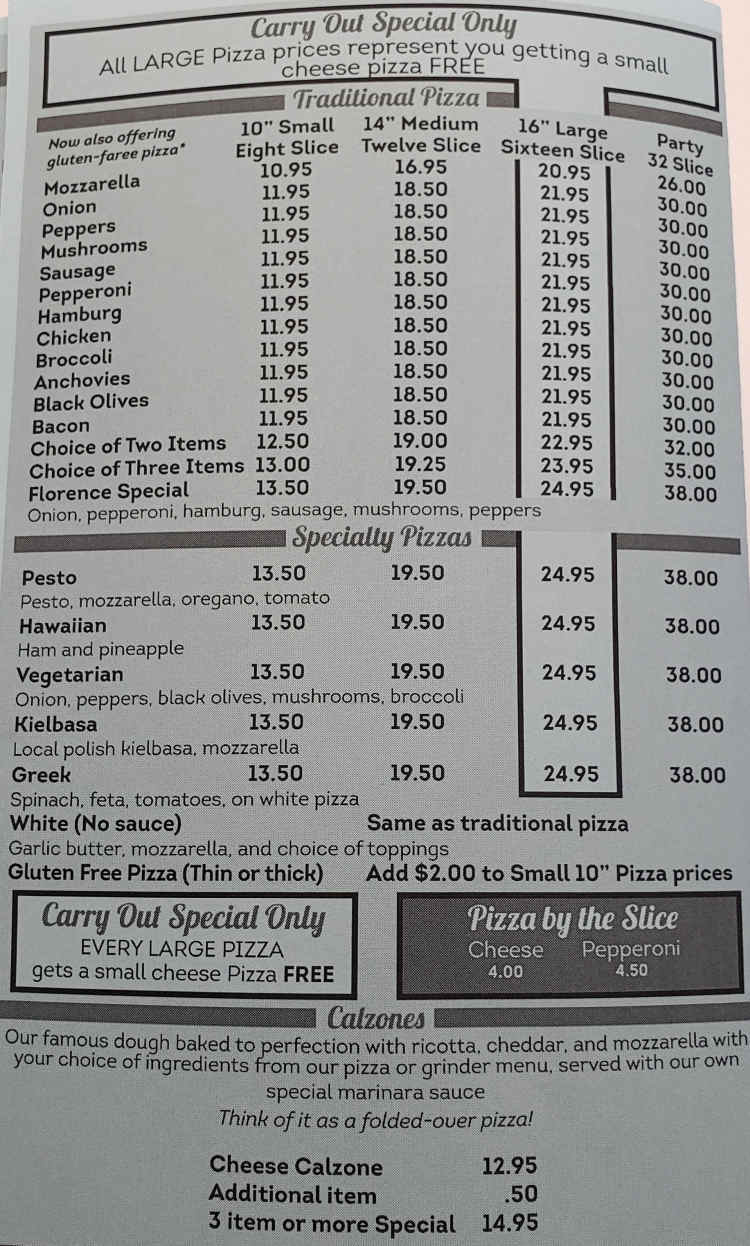 Florence Pizza & Family menu page 1