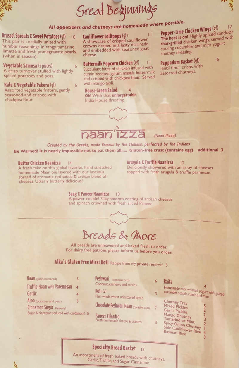 India House menu page 1