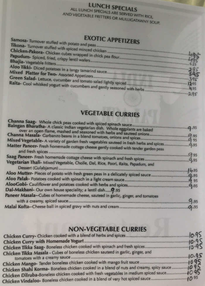 India Palace menu page 1