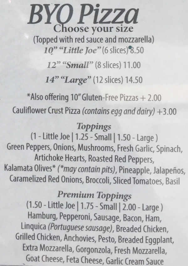 Joe's Cafe menu page 1