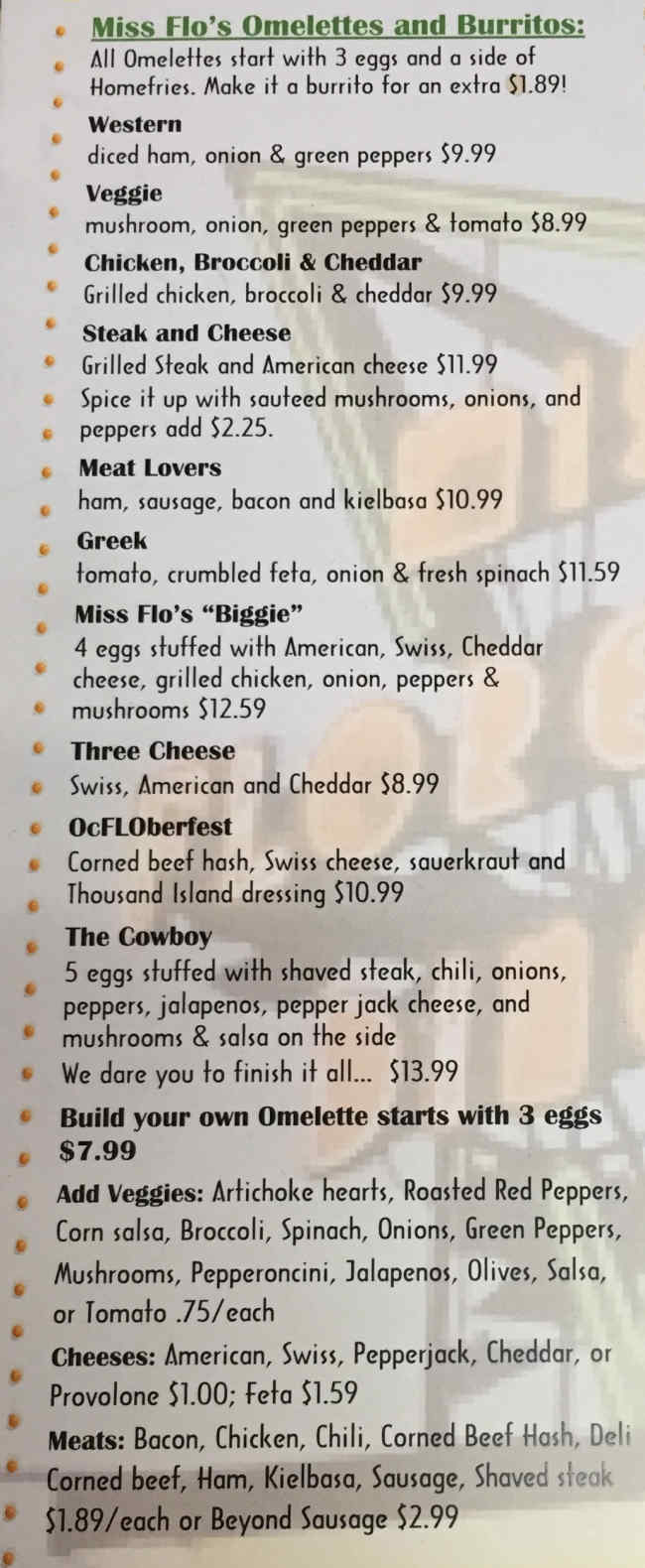 Miss Florence Diner menu page 1