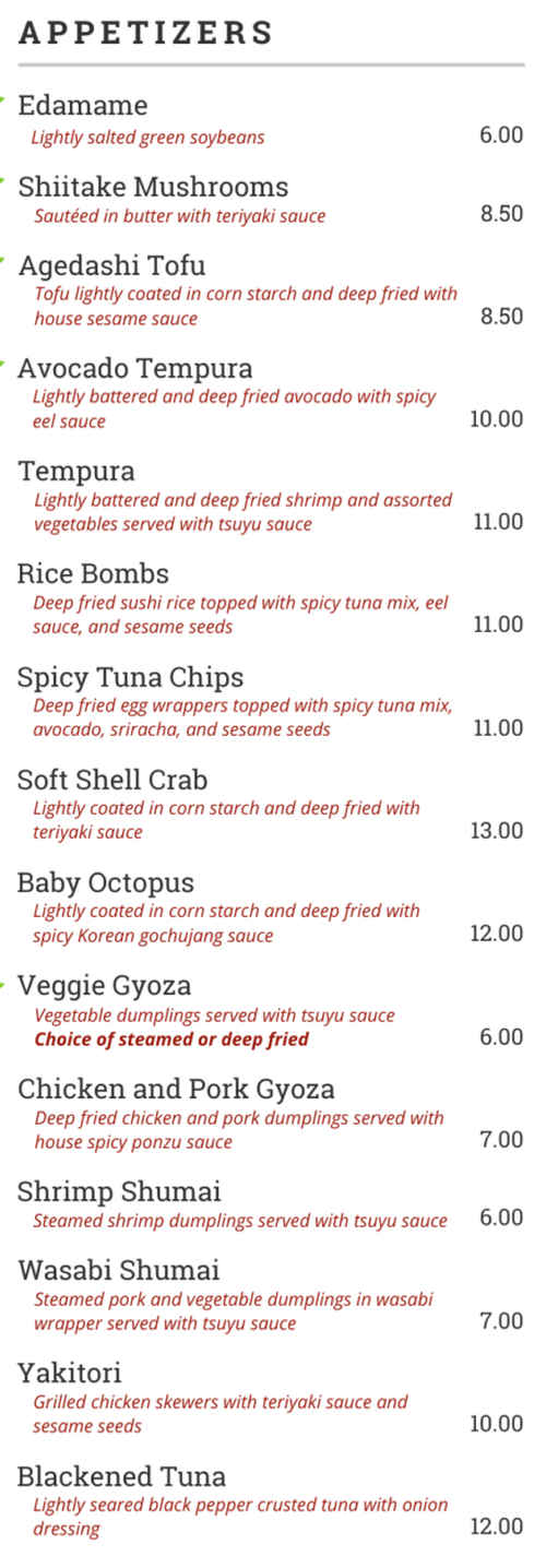 Moshi Moshi menu page 1