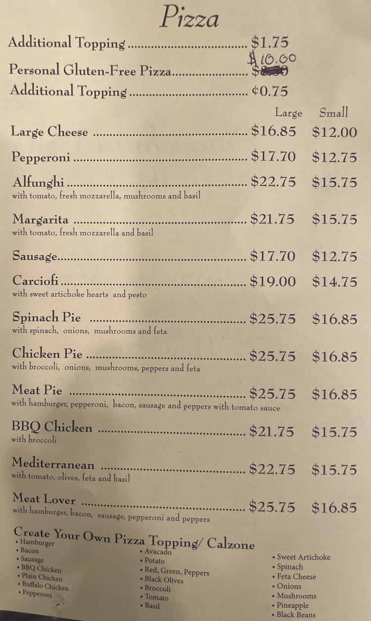 Pinocchio Pizzeria menu page 1