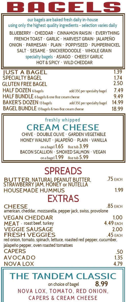Tandem Bagel Company menu page 1
