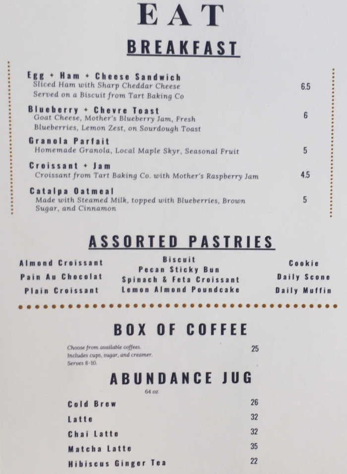 Catalpa Coffee menu page 1