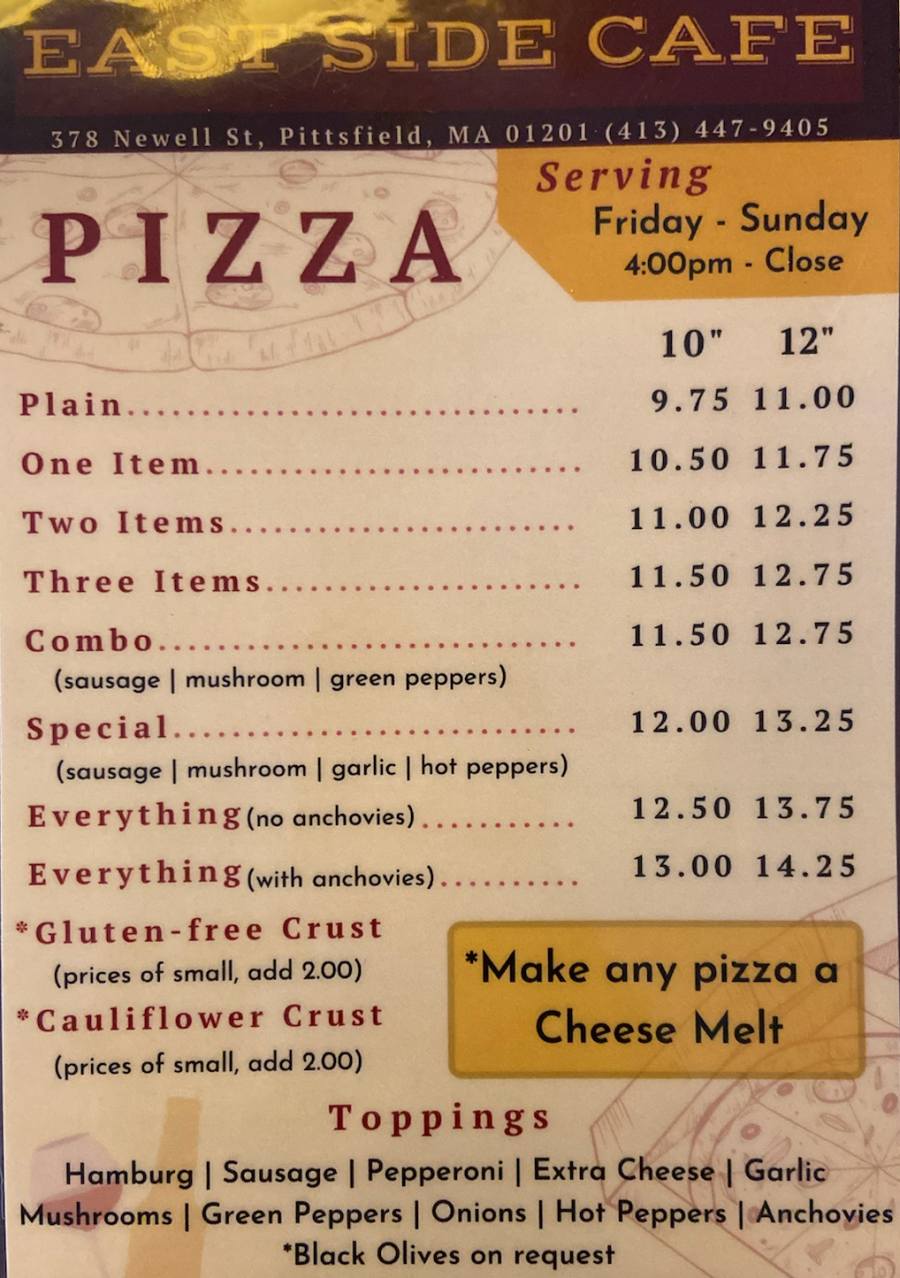 East Side Cafe menu page 1