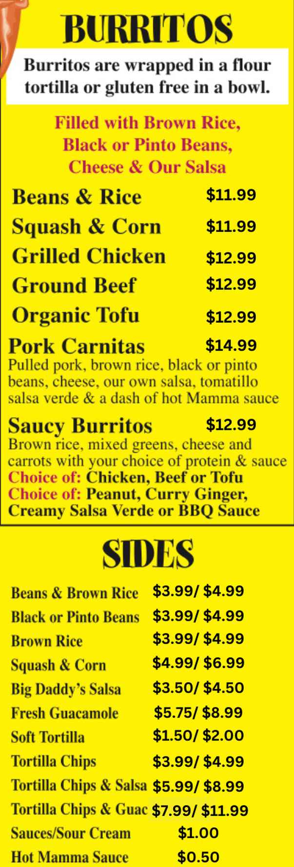 Big Daddy's Burritos menu page 1