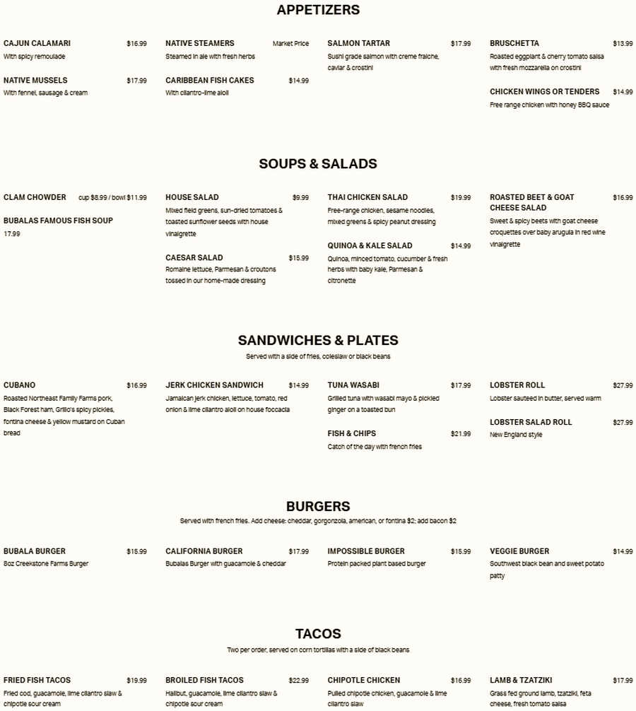 Bubala's By the Bay menu page 1