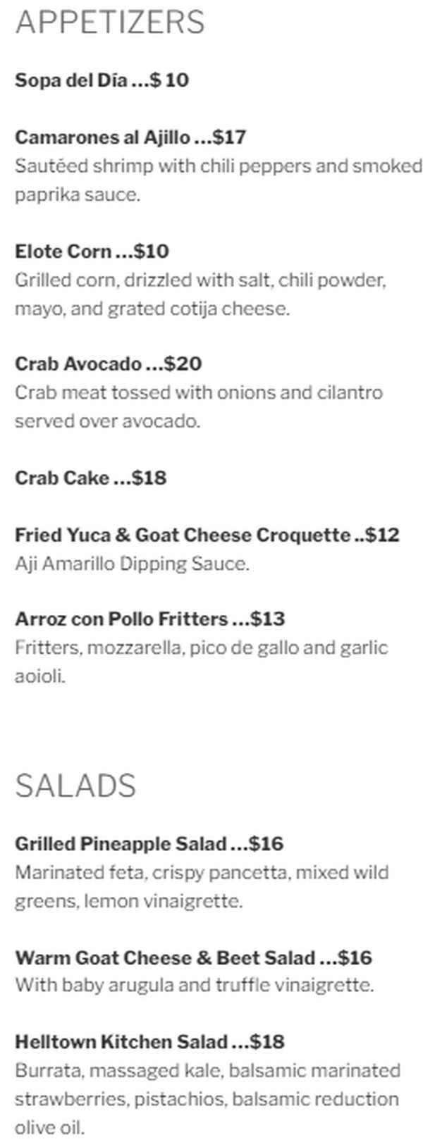 Helltown Kitchen menu page 1