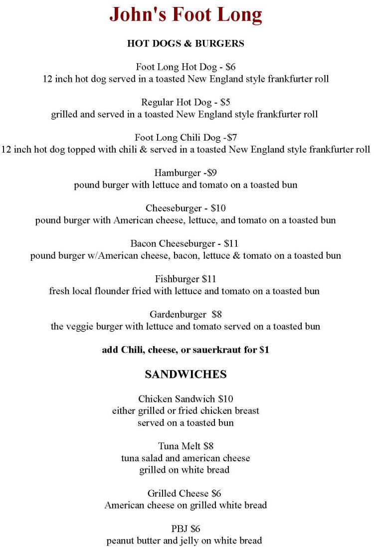 John's Footlong menu page 1