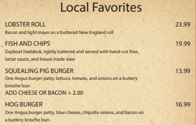 The Squealing Pig menu page 1