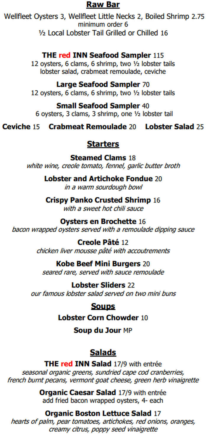 The Red Inn menu page 1