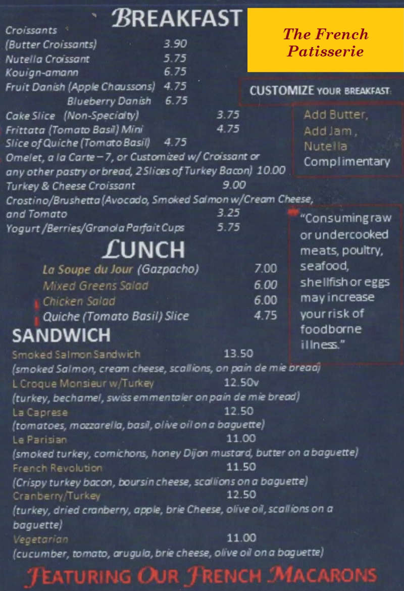 French Patisserie menu page 1