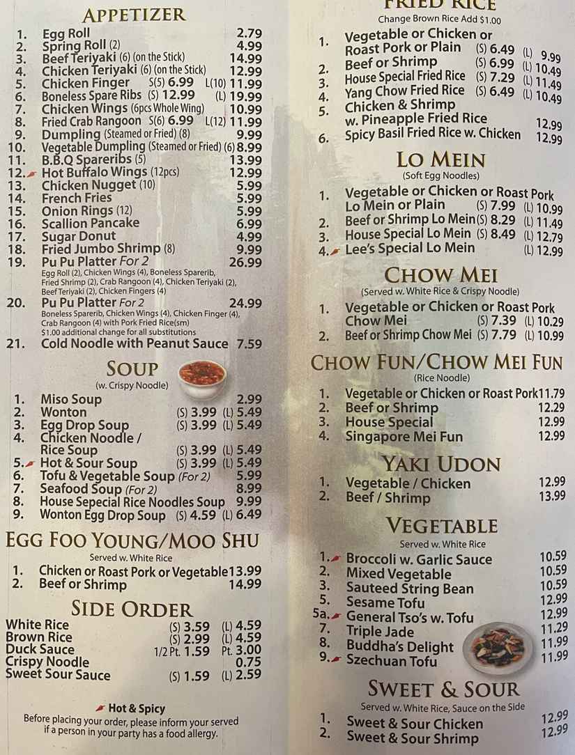 Lee's Dynasty menu page 1