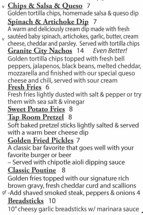 The Quarry Tap Room menu page 1