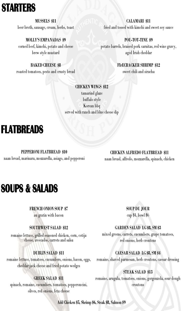 Claddagh Irish Pub menu page 1