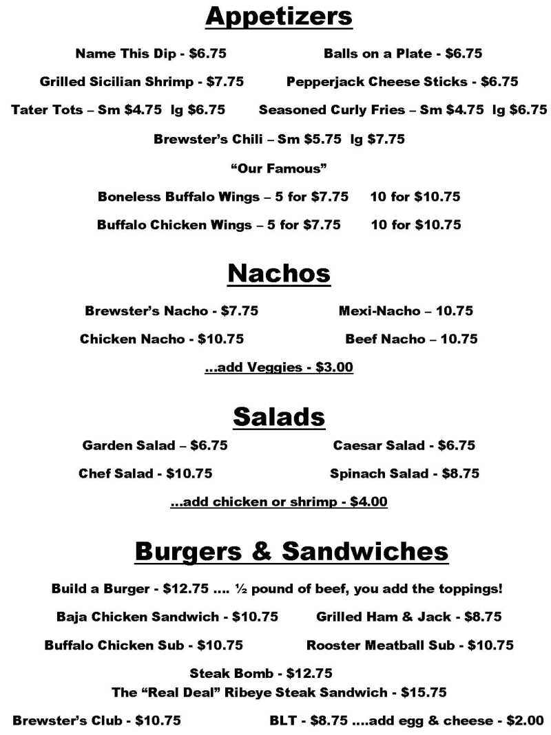 Brewster's menu page 1