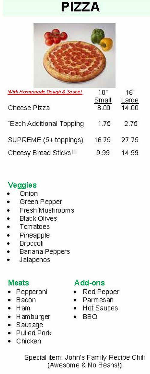 JC's Variety menu page 1