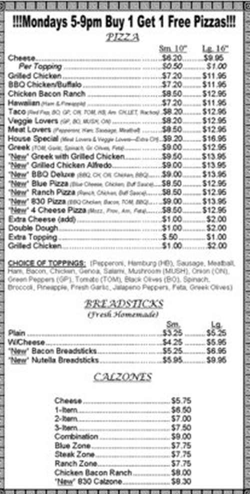 Orono House of Pizza menu page 1