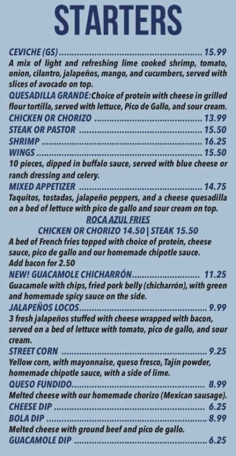 Roca Azul Mexican menu page 1