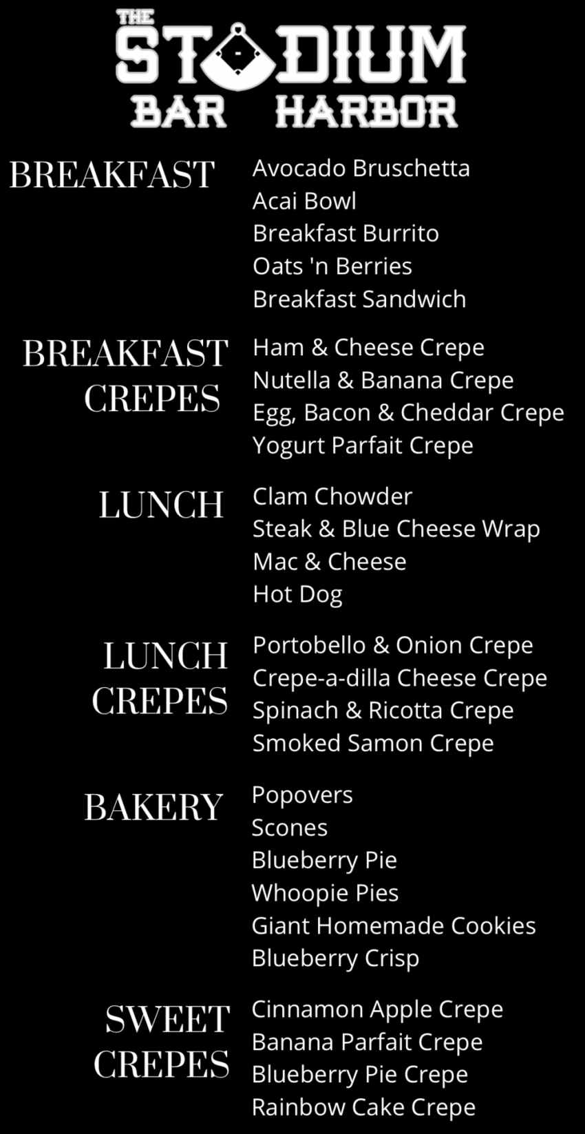 The Stadium menu page 1