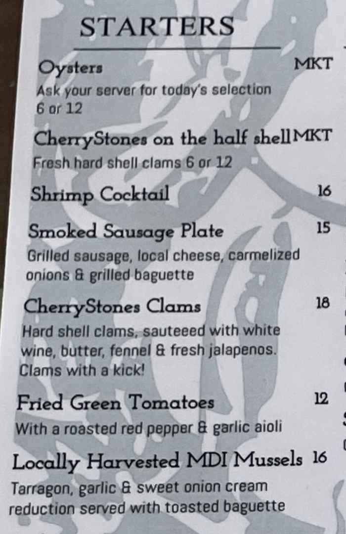 Cherrystones menu page 1