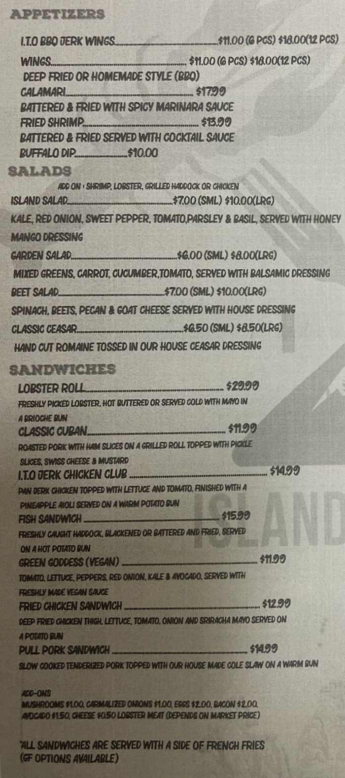 Island Take Out menu page 1