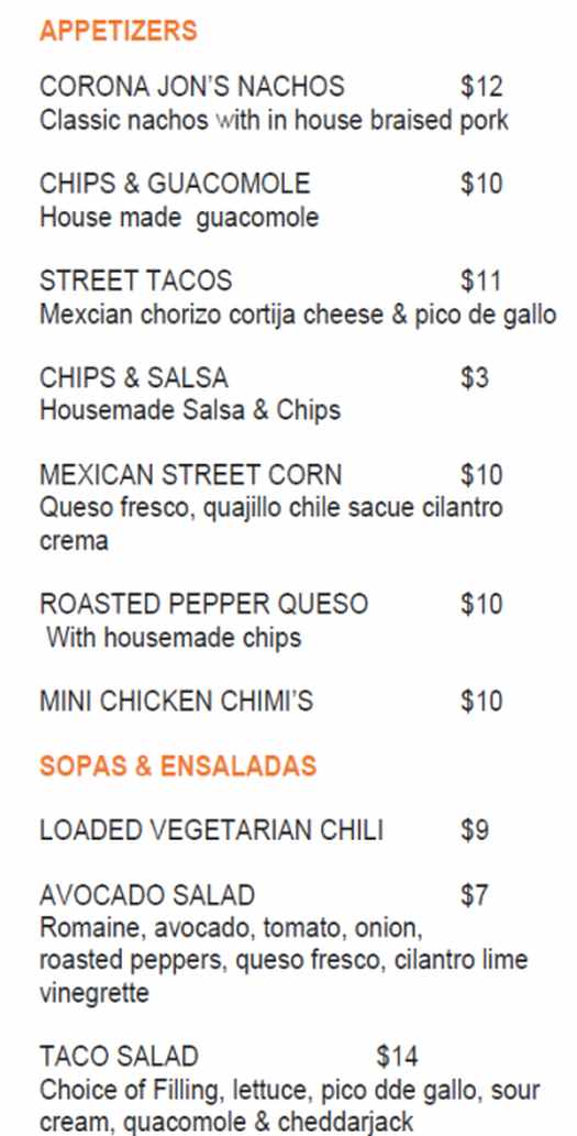 Jalapeños Cantina & Grill menu page 1