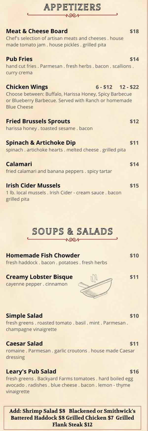 Leary's Landing Irish Pub menu page 1