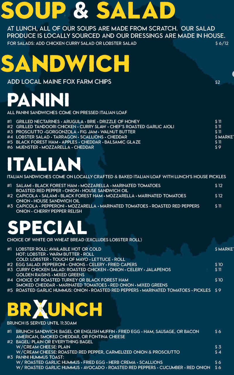 Lunch Bar Harbor menu page 1