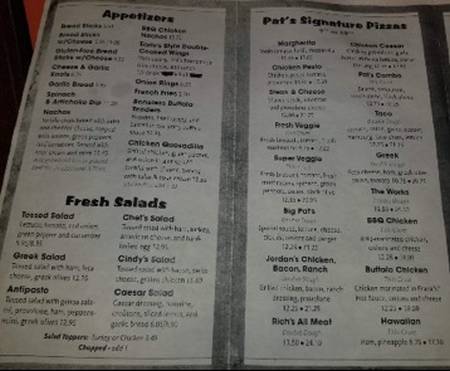 Pat's Pizza menu page 1