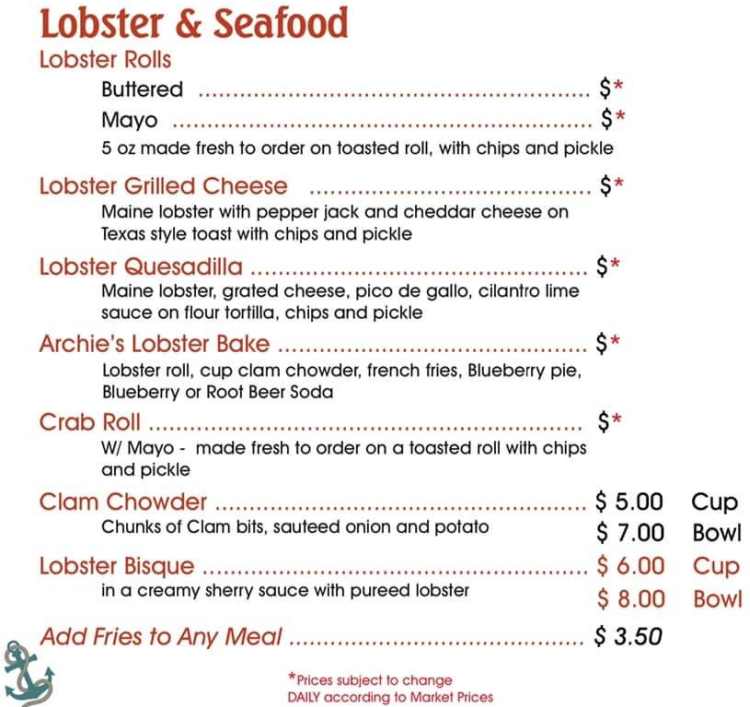 Archie's Lobster menu page 1