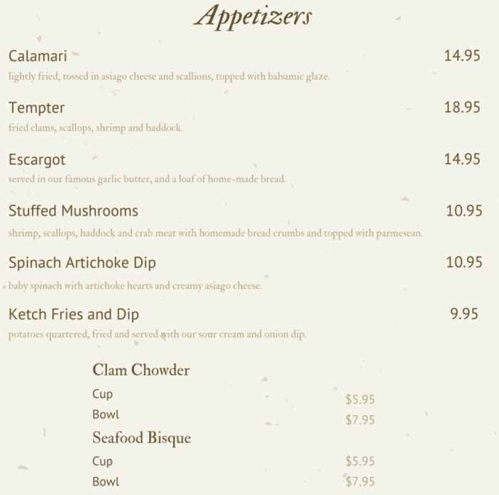 Seafood Ketch menu page 1