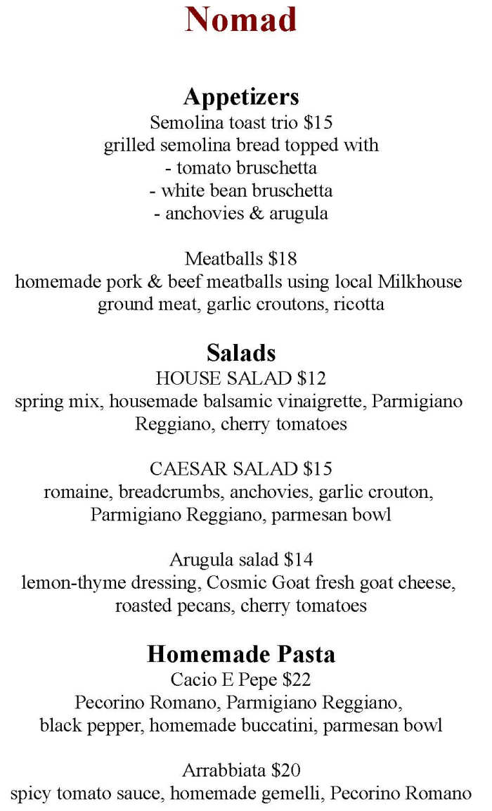Nomad Maine menu page 1