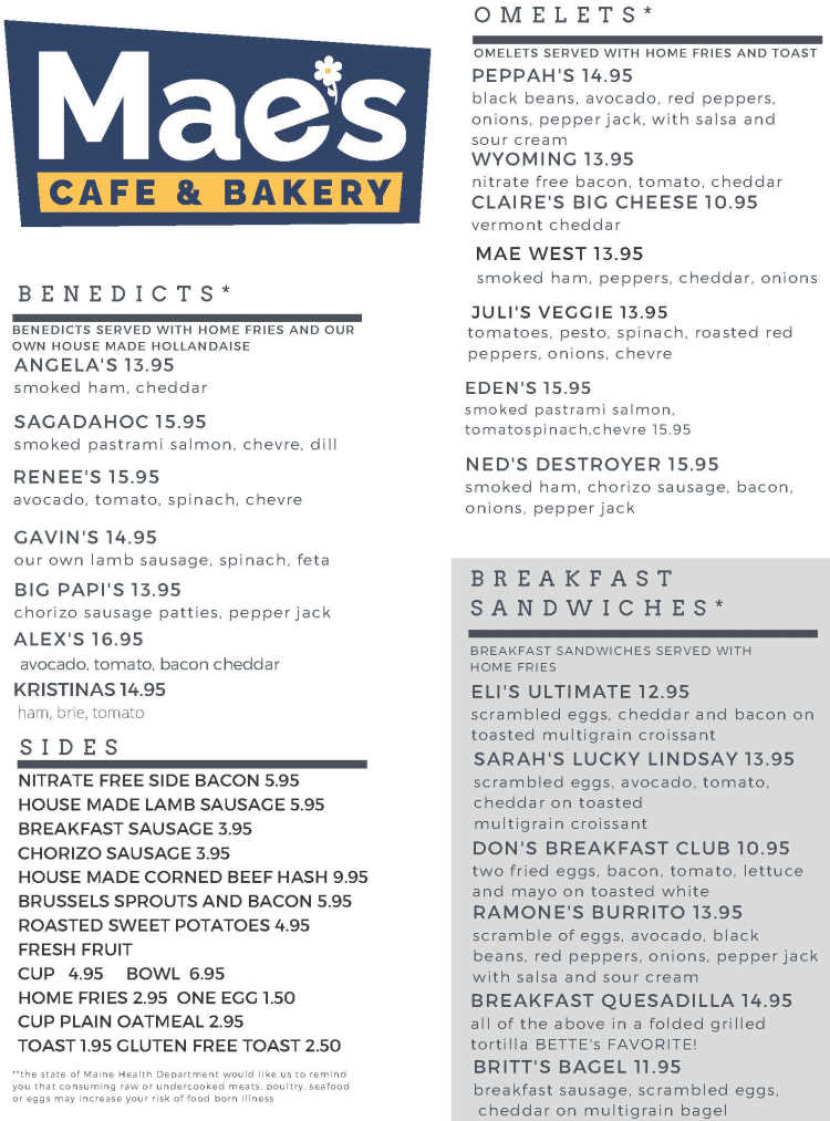 Mae's Cafe & Bakery menu page 1