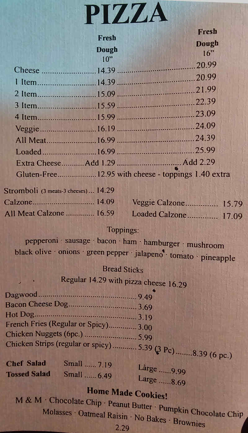 Charlie's Pizza & Sub Shop menu page 1