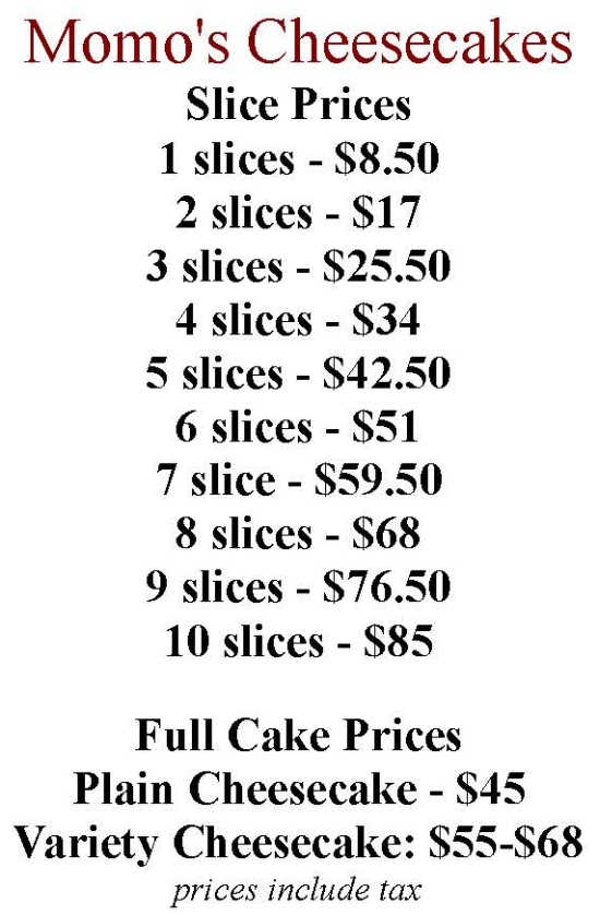 Momo's Cheesecakes menu page 1