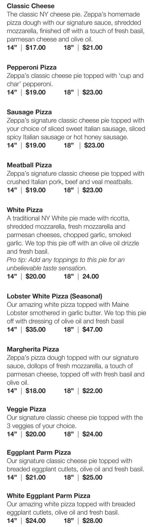 Zeppa's Pizza menu page 1