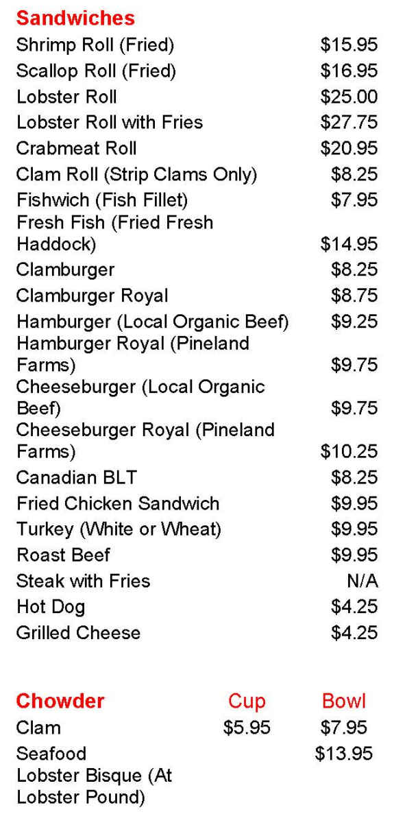 Harraseeket Lunch & Lobster Co menu page 1