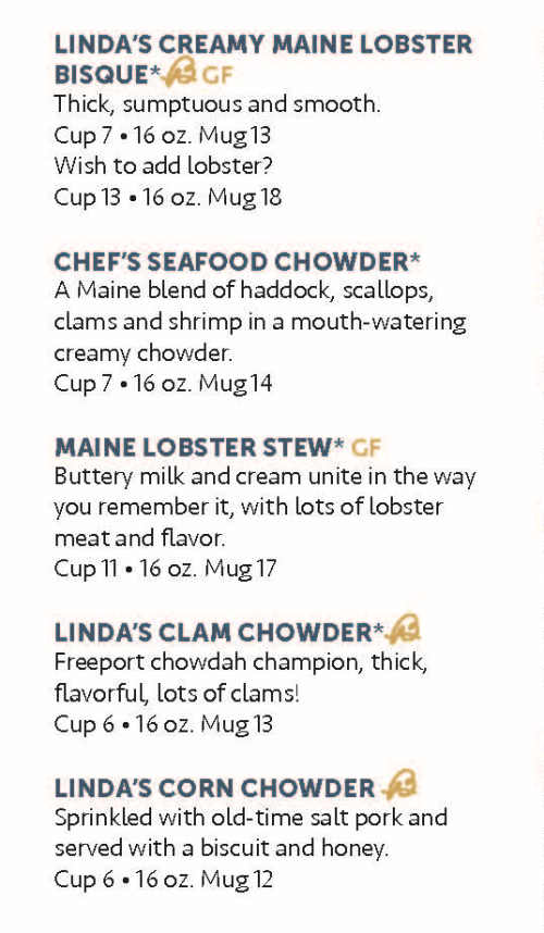 Linda Bean’s Maine Kitchen menu page 1