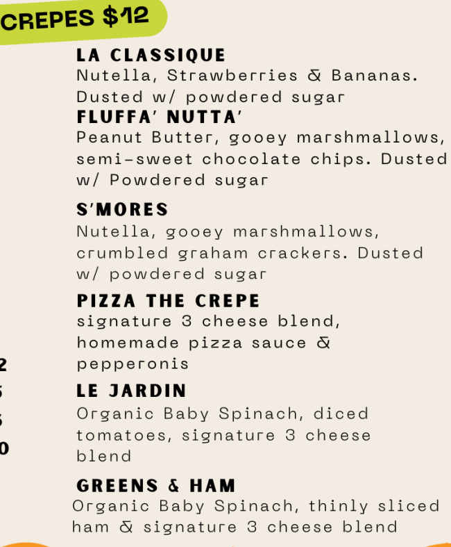 Crepe Elizabeth menu page 1