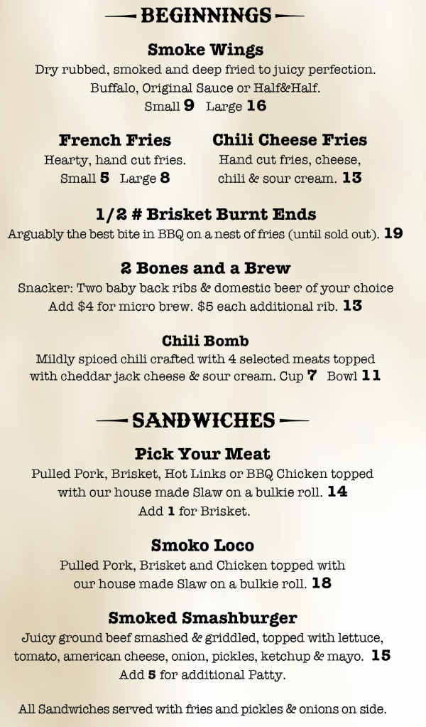 Smoke BBQ menu page 1