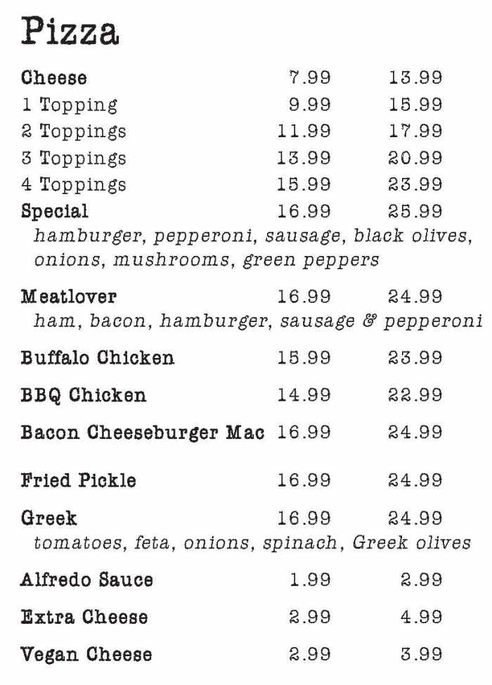 Arundel House of Pizza menu page 1