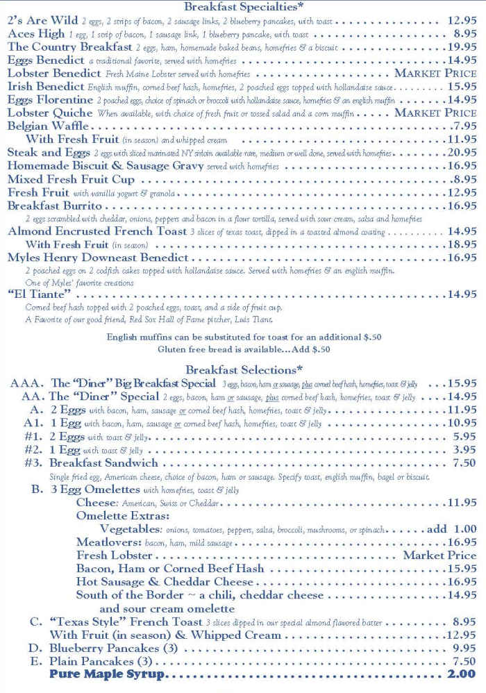 Maine Diner menu page 1
