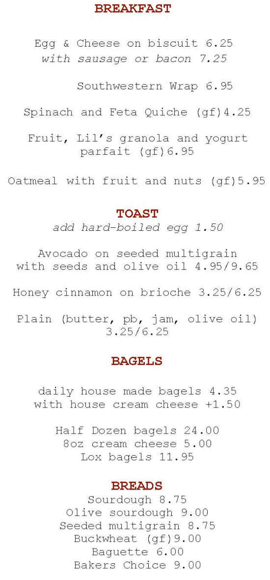 Lil's Cafe menu page 1