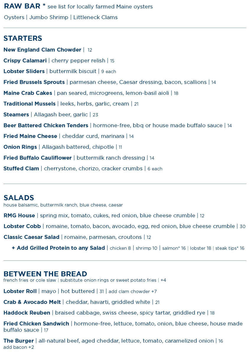 Robert's Maine Grill menu page 1