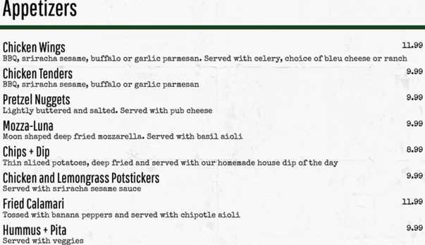 Rudders Public House menu page 1