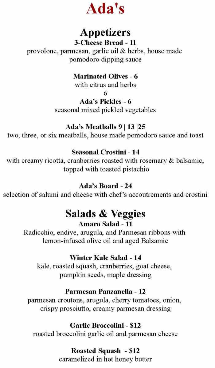 Ada's Kitchen menu page 1